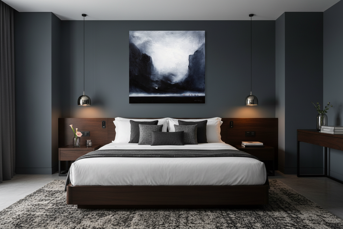 Mist Rising Over Black Lake — In a Boutique Hotel Mock-up