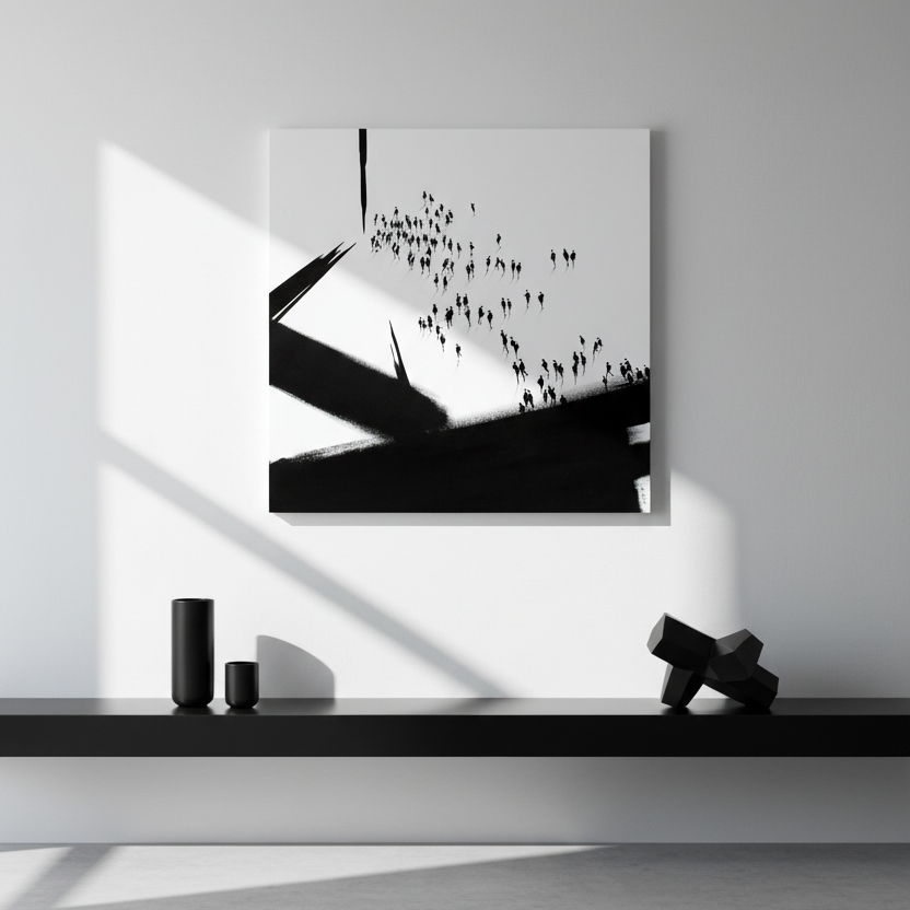 Muster Point original, hybrid abstract / figurative artwork in a monochrome Room Setting © Neil McBride 2026