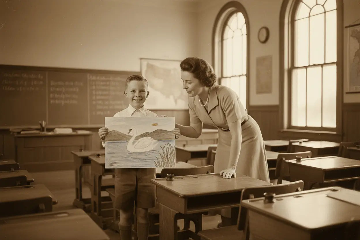 Proud Schoolboy with Swan Painting