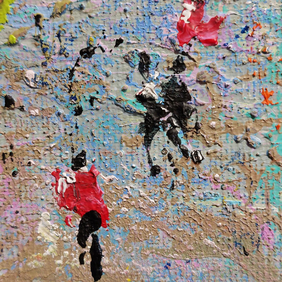 Detail of Tickled Pink abstract textured painting with layered impasto brushstrokes suggesting abstracted images of figures in beige, light blue, white, black, and bright red splashes.