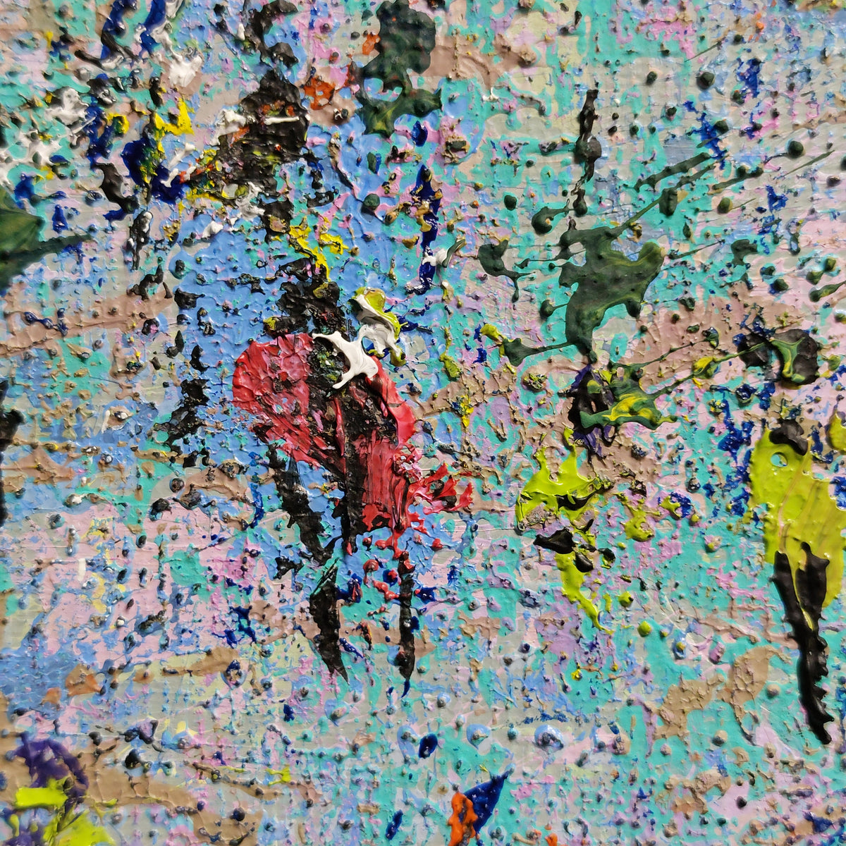 Detail of Tickled Pink abstract, textured painting with splattered and dripped paint in turquoise, blue, pink, black, green, yellow, and red tones.