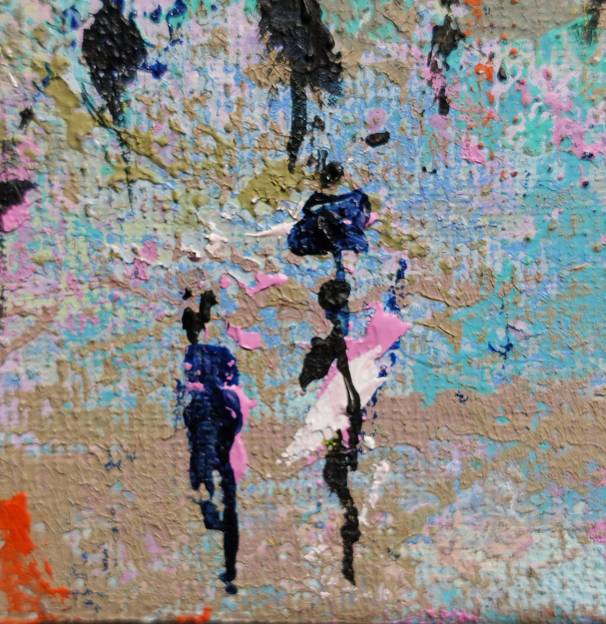 Detail of Tickled Pink abstract textured painting depicting two stylized figures in dark blue and black with pink accents against a mottled background of beige, light blue, and white paint.