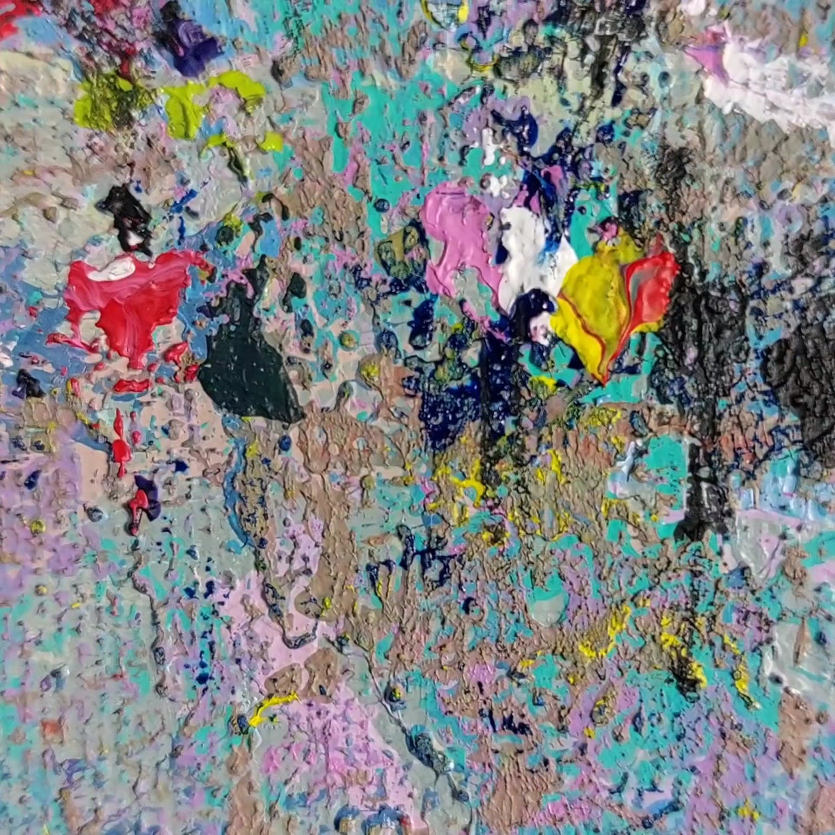 Detail of Tickled Pink, abstract textured painting with thick impasto brushstrokes suggesting abstracted details of people in turquoise, lavender, pink, red, yellow, black, and beige tones.