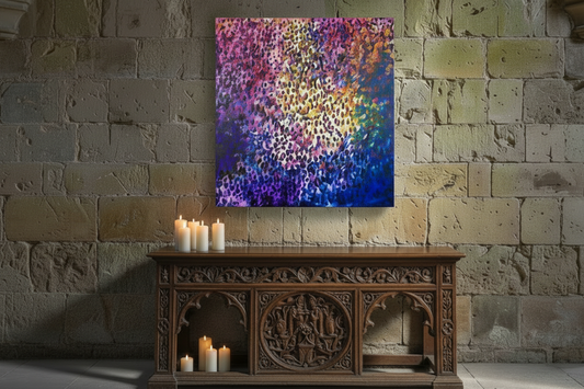 Veneration painting in a candlelit church conversion. Veneration is a colourful original painting of a crowd of extroverts jostling for position to see their idol.