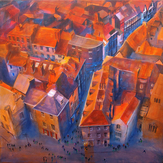 York Minster Yard and the terracotta rooftops of York viewed from the top of the minster's tower. - Captured on Art Prints on paper © Neil McBride 2023
