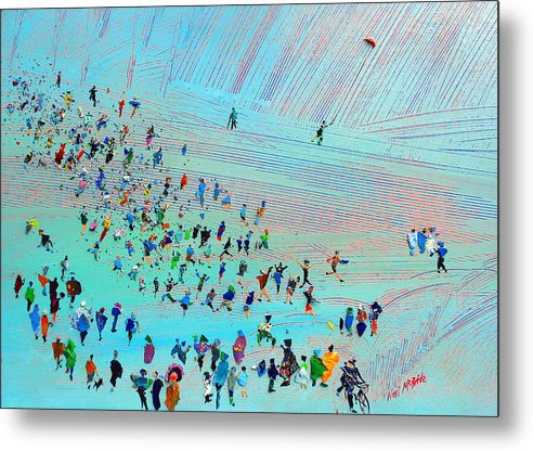 A crowd of fell runners approach the finish in this fun filled art print on metal. © Neil McBride 2023