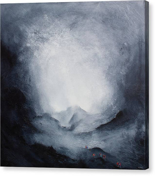 An epic canvas print featuring a group of walkers in a sublime mountainous landscape by Neil McBride