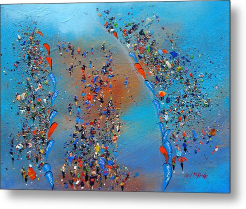 Great North run crowd of runners on a blue ground. Printed on metal plate from the studio of Neil McBride
