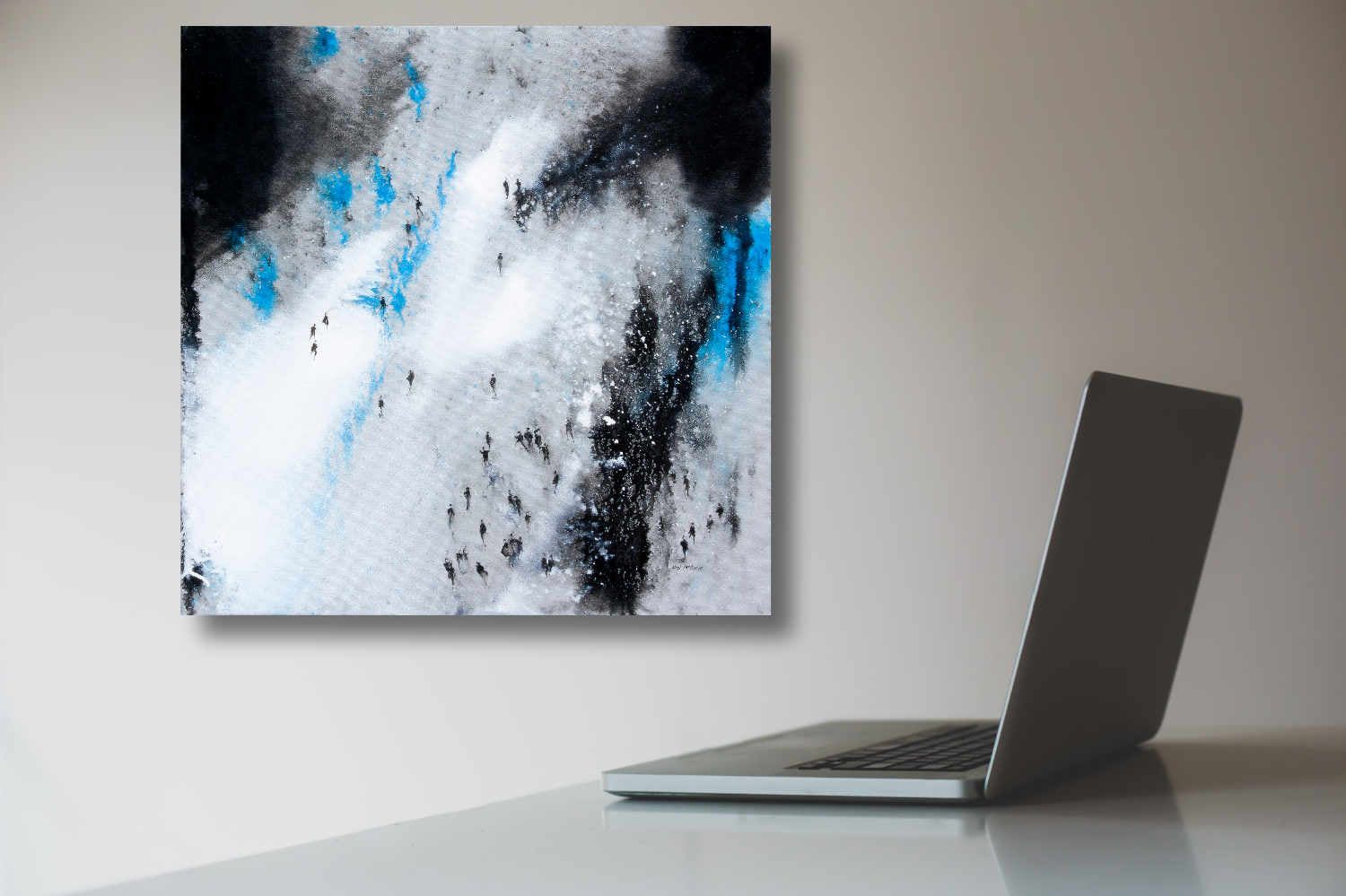 Original blue and grey landscape painting displayed on a wall with a laptop in the foreground.  Painted by Yorkshire landscape artist Neil McBride. © Neil McBride 2023