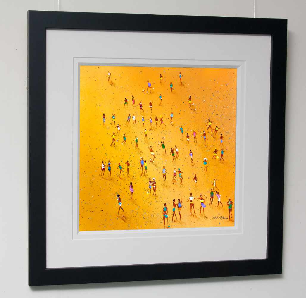 Beach Games framed original painting of a crowd of sun worshippers playing ball on a golden sandy beach. The frame is a black outer with a white slip. © Neil McBride 2023