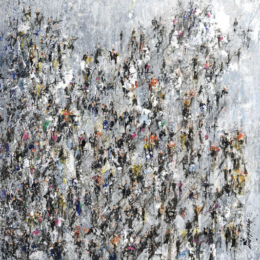 An original painting of a frenetic crowd of people from the studio of visual artist Neil McBride.