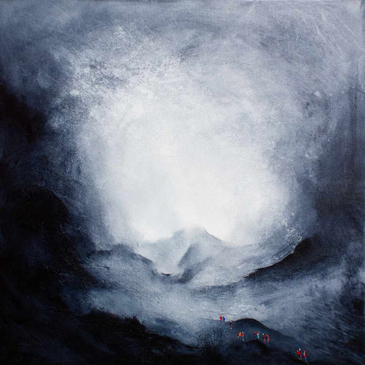 Exploration of a sublime slate grey landscape by a small crowd of people in this original painting from the studio of visual artist Neil McBride
