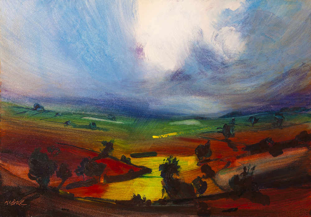 Awesome painting of dramatic light in a cloudy sky and fields of rich colours © Neil McBride 2019
