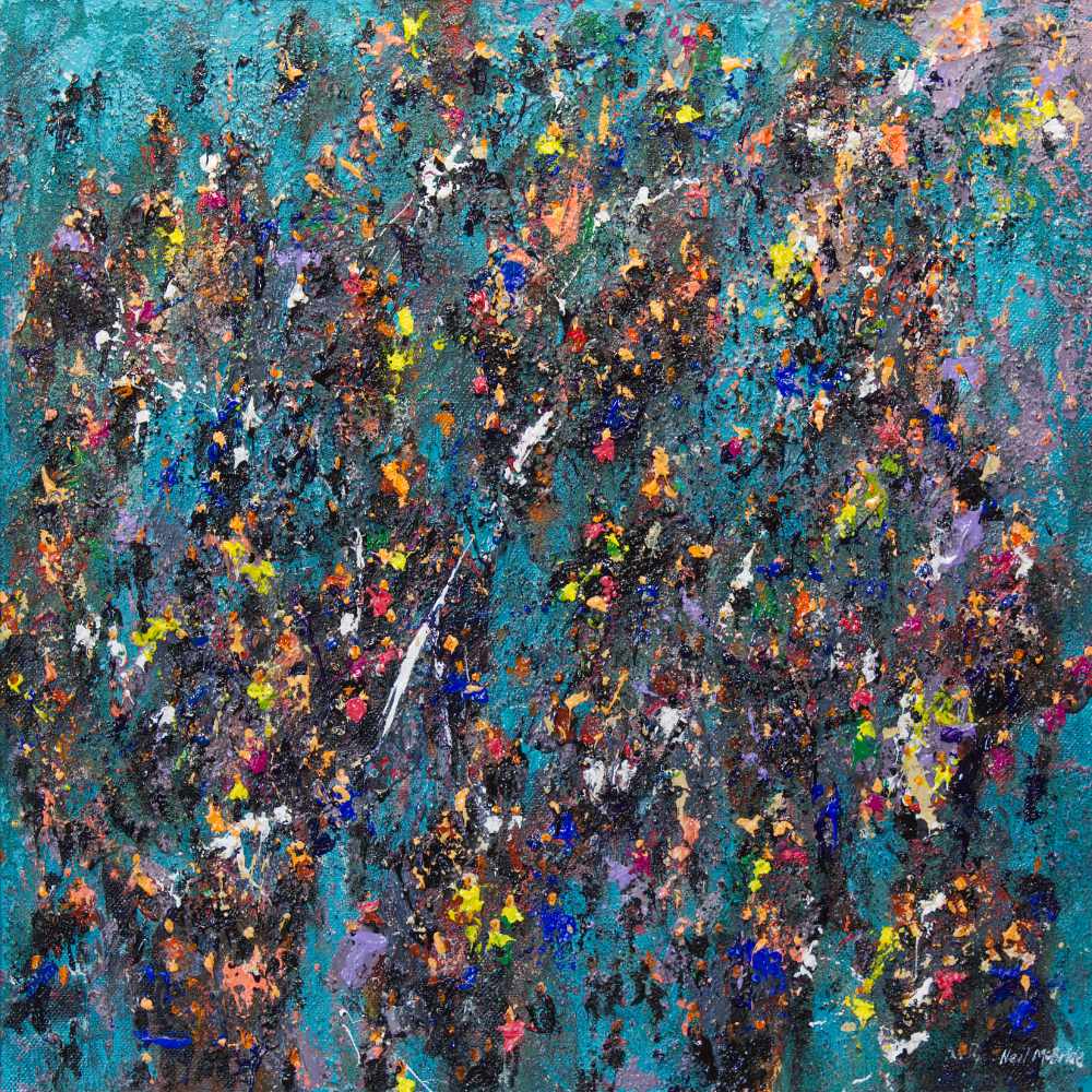 Original painting of a crowd of people titled Evening Meeting © Neil McBride 2021