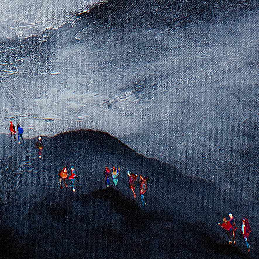 Detail showing crowd of people in the landscape painting titled Exploration.  From the studio of Neil McBride