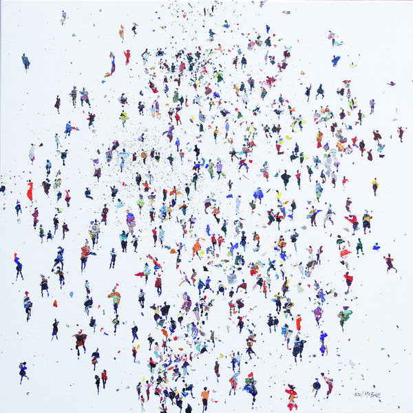Migration of people in a crowd on white background.