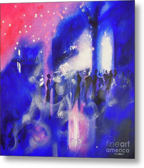 The Party is a pink and blue metal print from an original painting of a party in a gothic interior © Neil McBride 2019