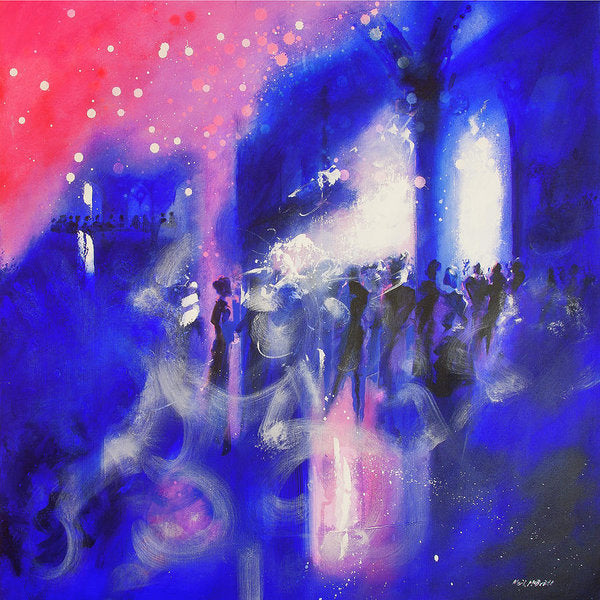Pink and blue wall art, The Party, reproduced on paper prints from an original painting of a party in a gothic interior © Neil McBride 2019