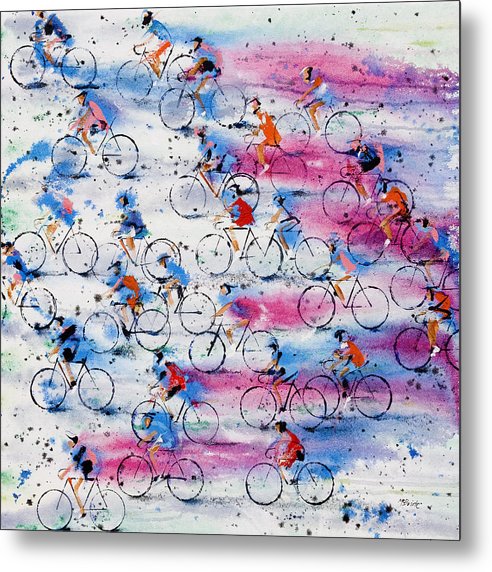 Giro d'italia cyclists, in pink and blue kit, rushing past you from right to left. Printed on aluminium metal plate.