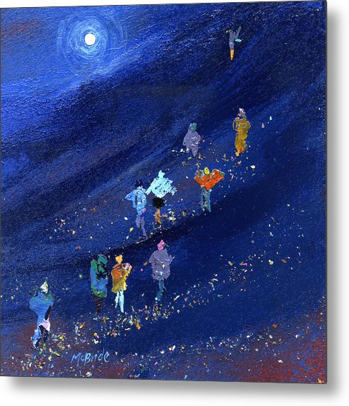 Walking the Three Peaks is a blue coloured landscape with a crowd of people printed on a metal plate © Neil McBride 2023