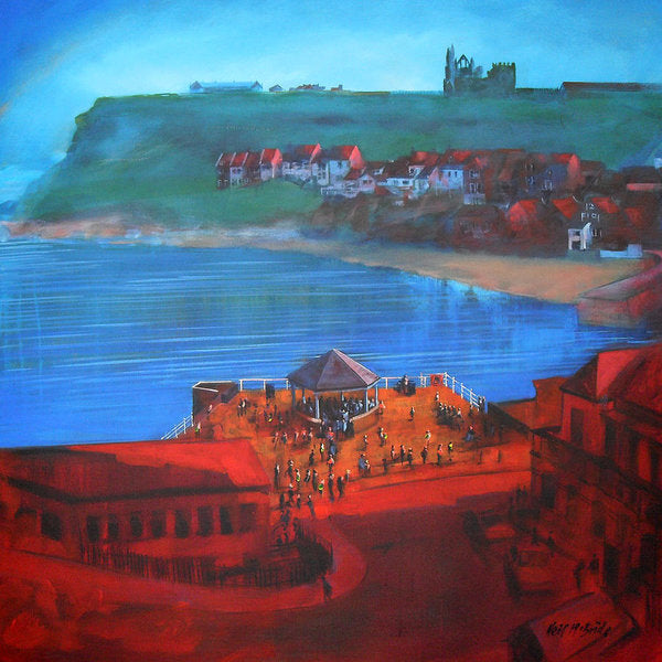 Whitby art prints on paper like this one of Whitby bandstand and smokehouses are very popular. © Neil McBride 2019