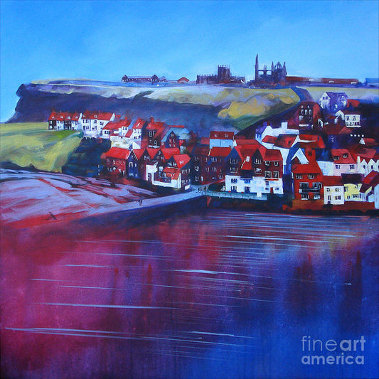 Whitby Smokehouses in the old town beyond the harbour with Whitby Abbey in the distance. Art Prints © Neil McBride 2019